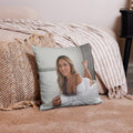 House of April collector throw pillow — golden-morning portrait of April, premium edge-to-edge print